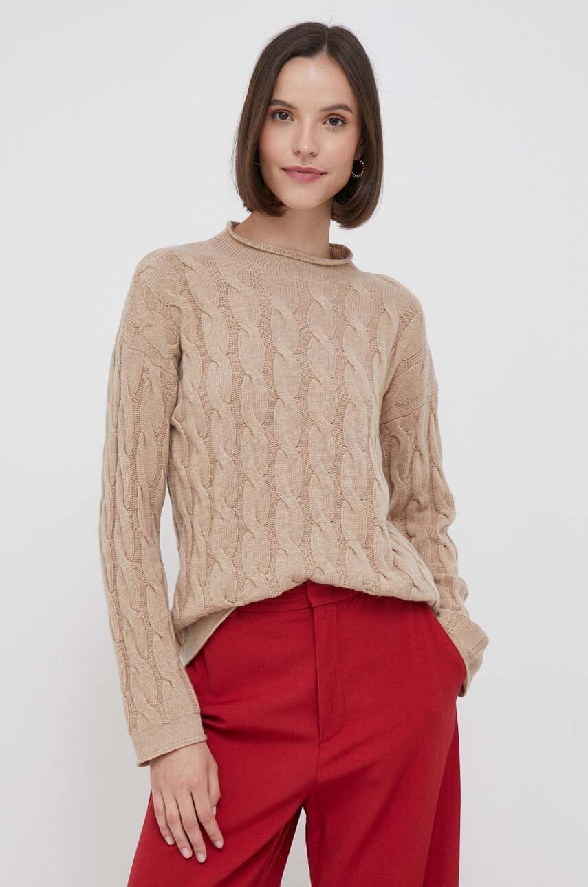 United Colors of Benetton pulover din amestec de lana femei, culoarea bej, cu turtleneck