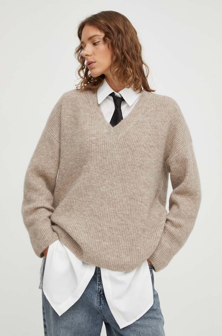 Gestuz pulover de lana femei, culoarea bej