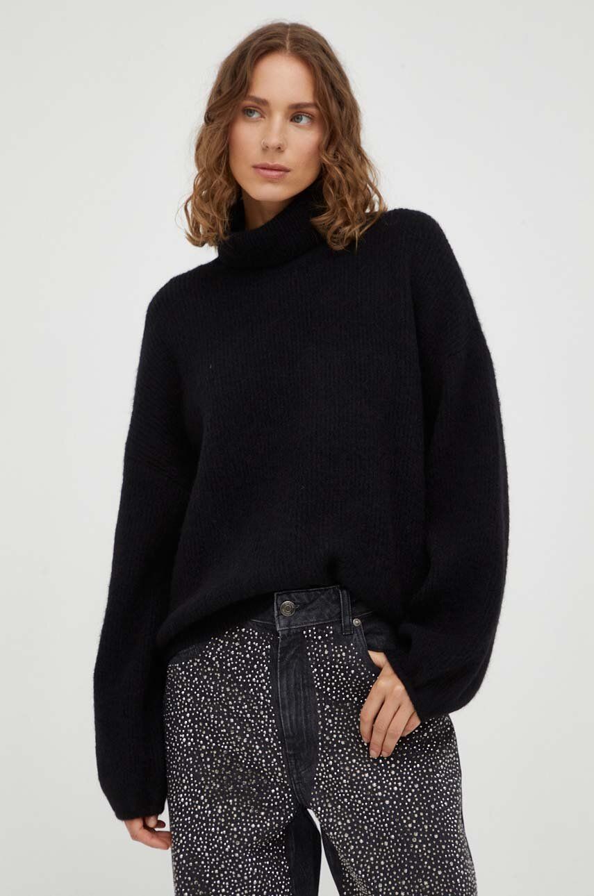 Gestuz pulover de lana femei, culoarea negru, călduros, cu guler