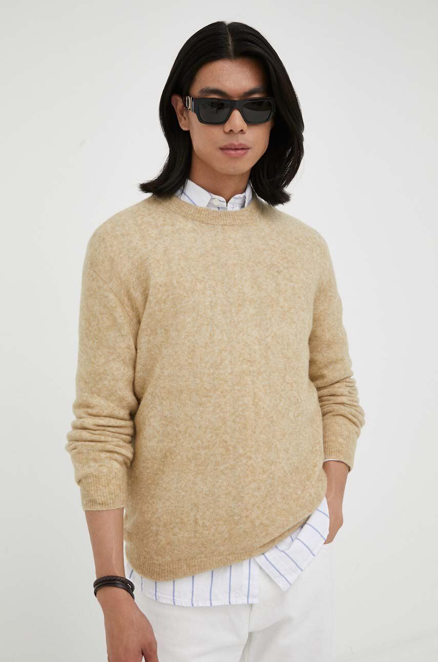 Vlněný svetr American Vintage pánský, béžová barva, lehký - béžová -  44 % Vlna