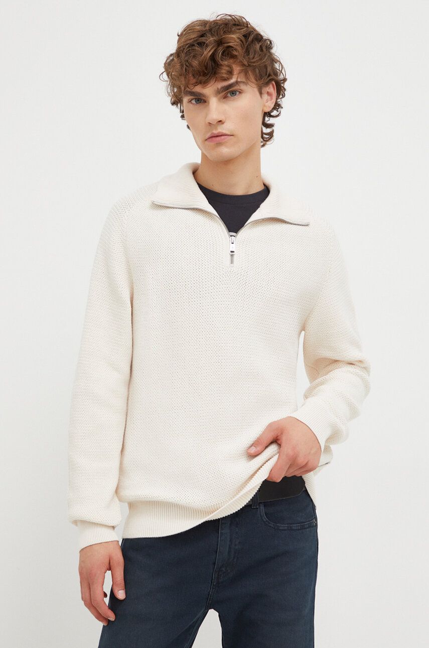 Marc O'Polo pulover de bumbac culoarea bej, cu turtleneck