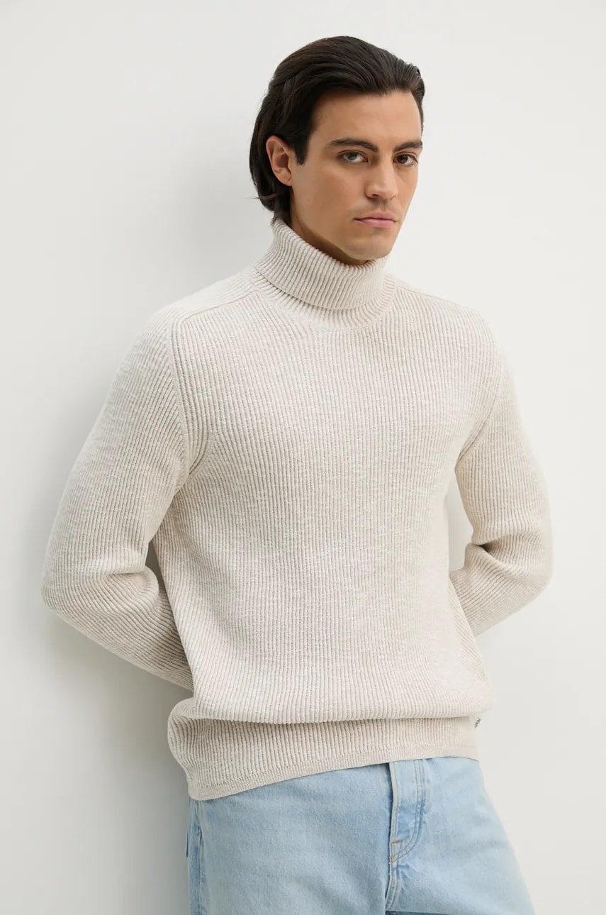 Marc O'Polo pulover de bumbac culoarea bej, cu guler, M29502160338 Marc O'Polo pulover de bumbac culoarea bej, cu guler, M29502160338