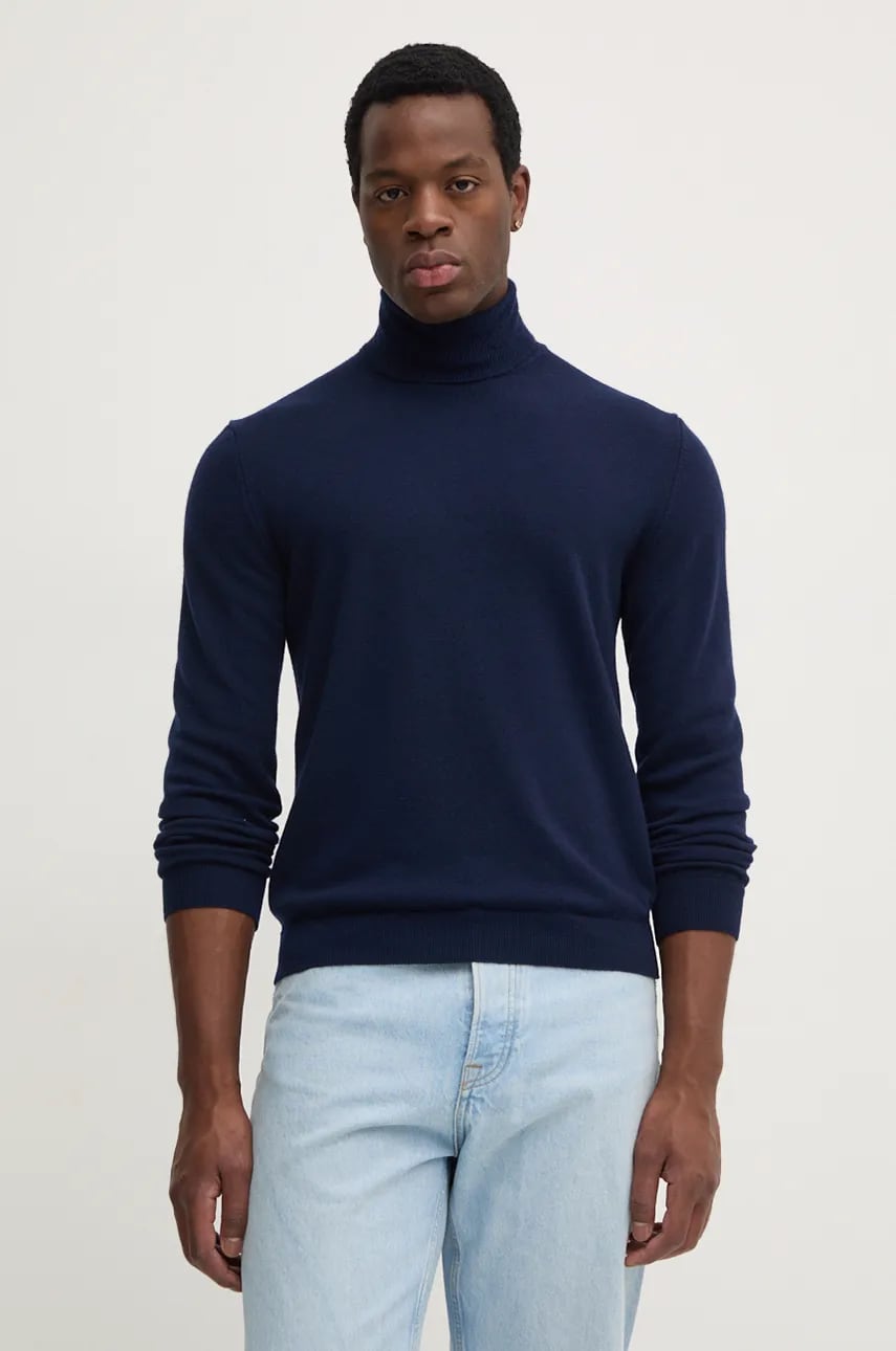 United Colors of Benetton pulover de lana barbati, culoarea albastru marin, light, cu guler, 1002U2180 United Colors of Benetton pulover de lana barbati, culoarea albastru marin, light, cu guler, 1002U2180