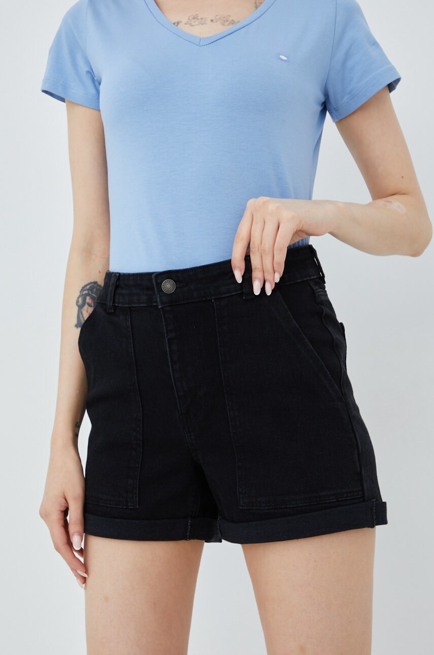 Noisy may pantaloni scurti jeans femei, culoarea negru, neted, high waist