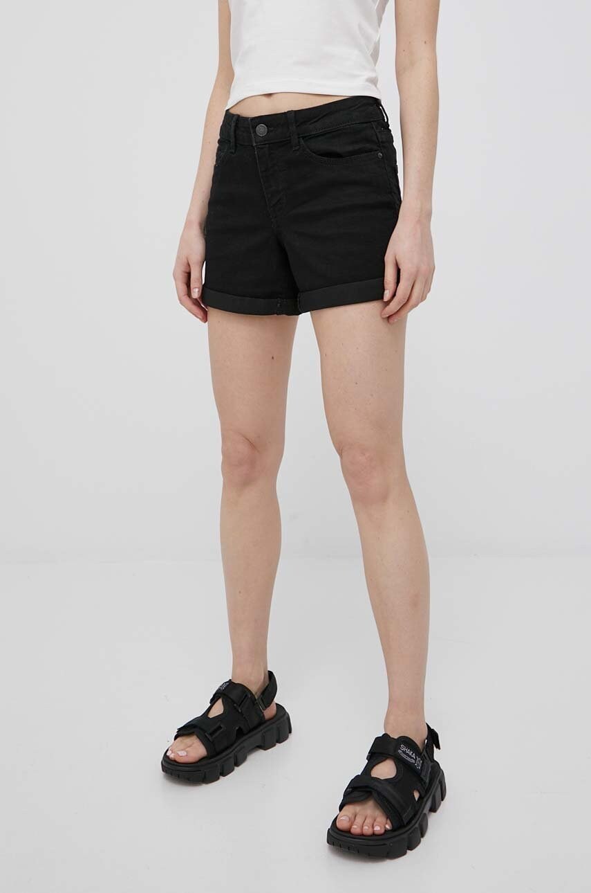 Noisy may pantaloni scurti jeans femei, culoarea negru, neted, medium waist