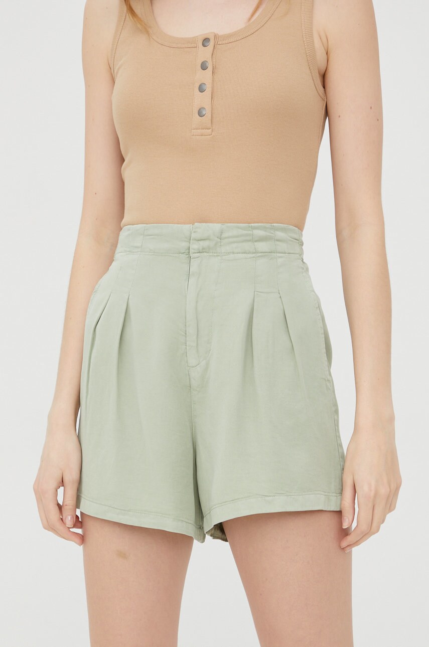Vero moda pantaloni scurti femei, culoarea verde, neted, high waist
