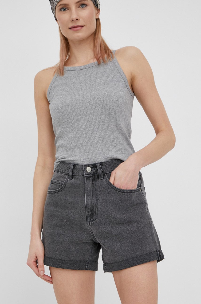 Vero moda pantaloni scurti jeans femei, culoarea gri, neted, high waist