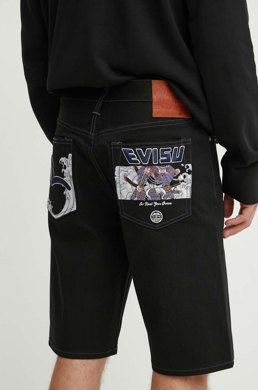 Evisu pantaloni scurți din denim bărbați, culoarea negru