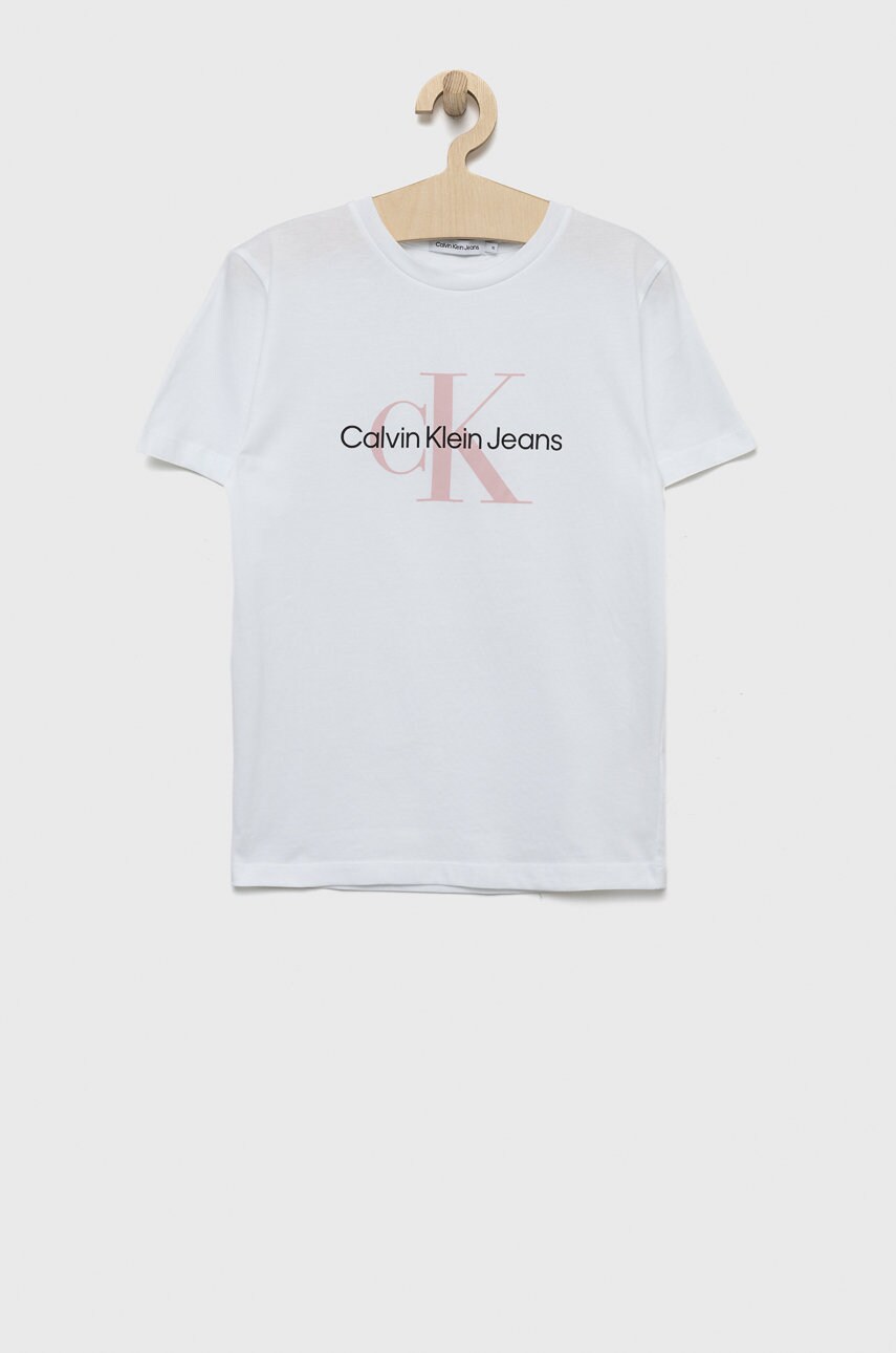 

Детска памучна тениска Calvin Klein Jeans в розово с принт, Бял