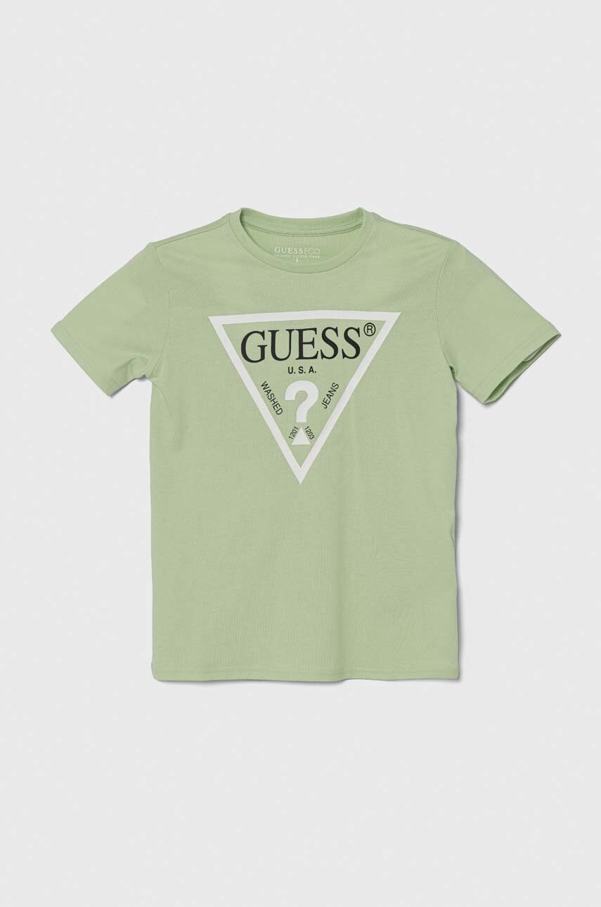 

Детска памучна тениска Guess в синьо с принт, Зелен