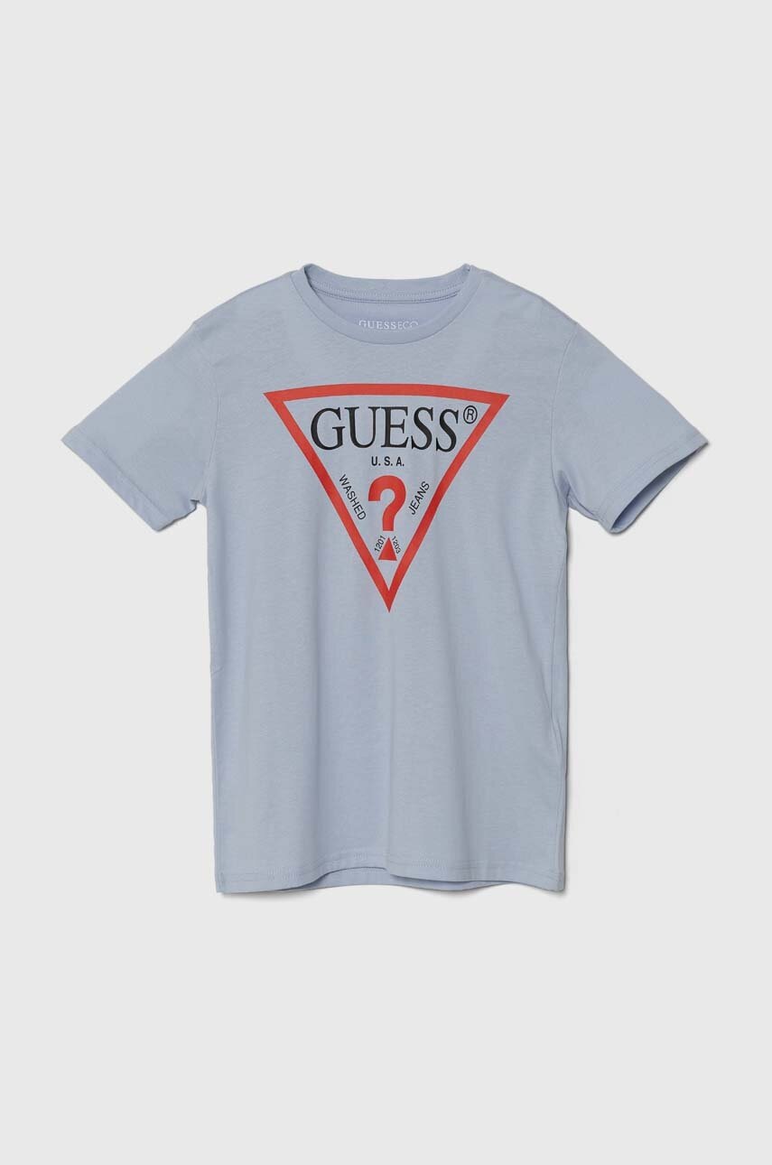 

Детска памучна тениска Guess в синьо с принт, Син