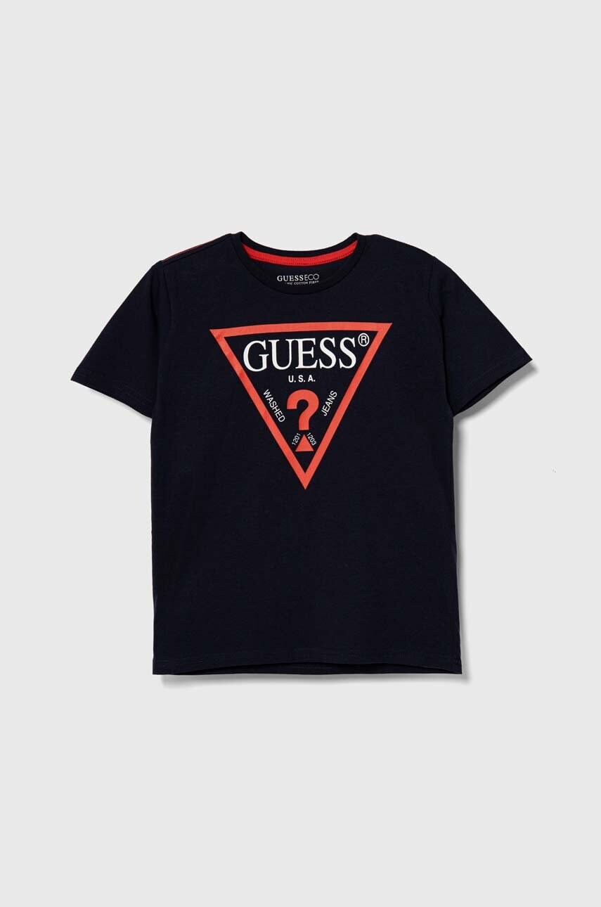 Levně Dětské bavlněné tričko Guess tmavomodrá barva, s potiskem, L73I55 K8HM0