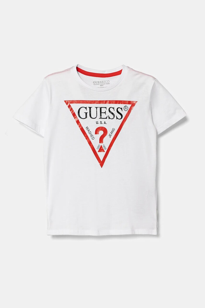 Levně Dětské bavlněné tričko Guess bílá barva, s potiskem, N73I55 K8HM0
