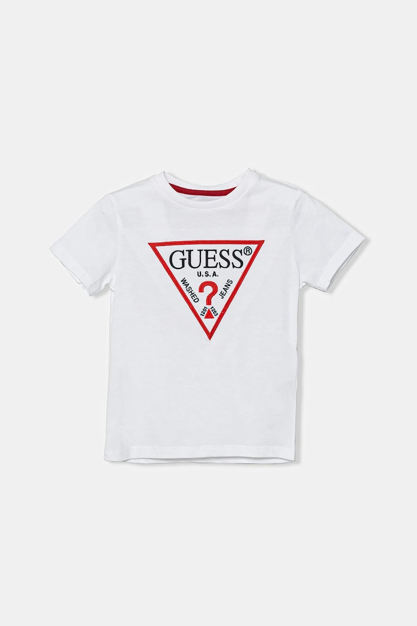 Levně Dětské bavlněné tričko Guess bílá barva, s aplikací, N4YI37 K8HM4