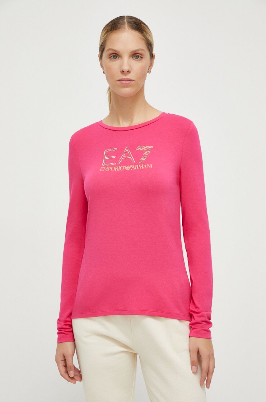 Levně Tričko s dlouhým rukávem EA7 Emporio Armani růžová barva