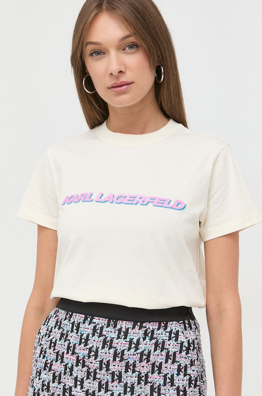 Levně Bavlněné tričko Karl Lagerfeld béžová barva