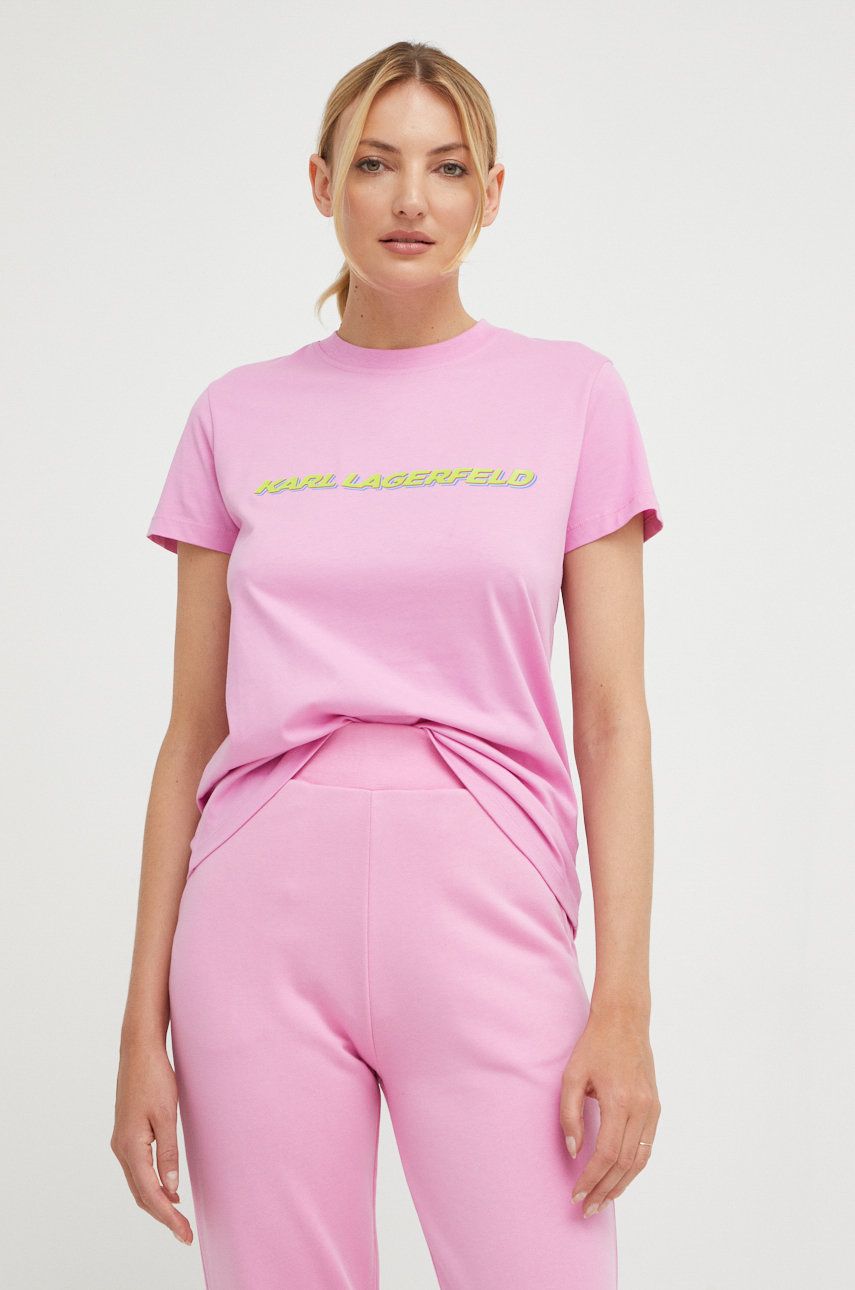 Bavlněné tričko Karl Lagerfeld růžová barva - růžová -  100 % Organická bavlna