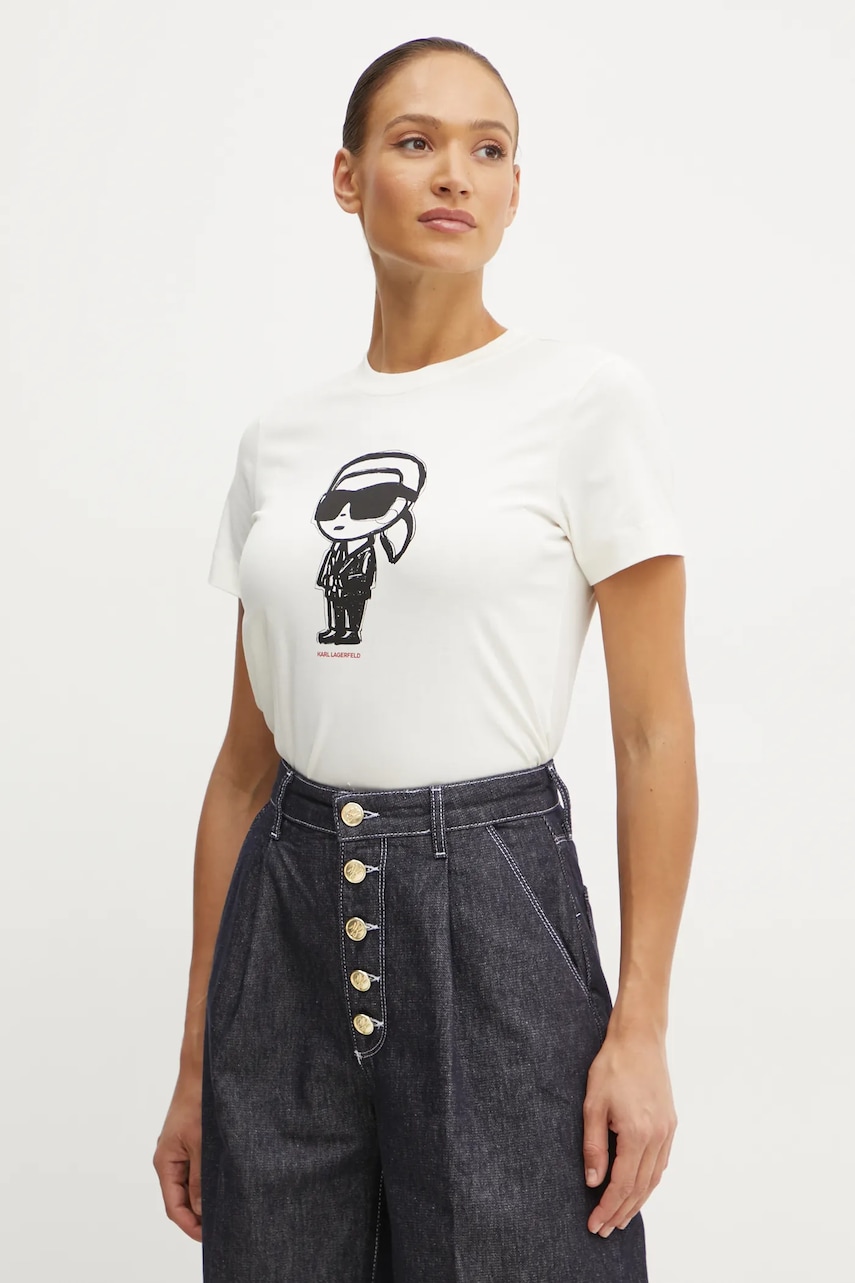 Karl Lagerfeld tricou din bumbac IKON SKETCH femei, culoarea bej, A1W17126 Karl Lagerfeld tricou din bumbac IKON SKETCH femei, culoarea bej, A1W17126