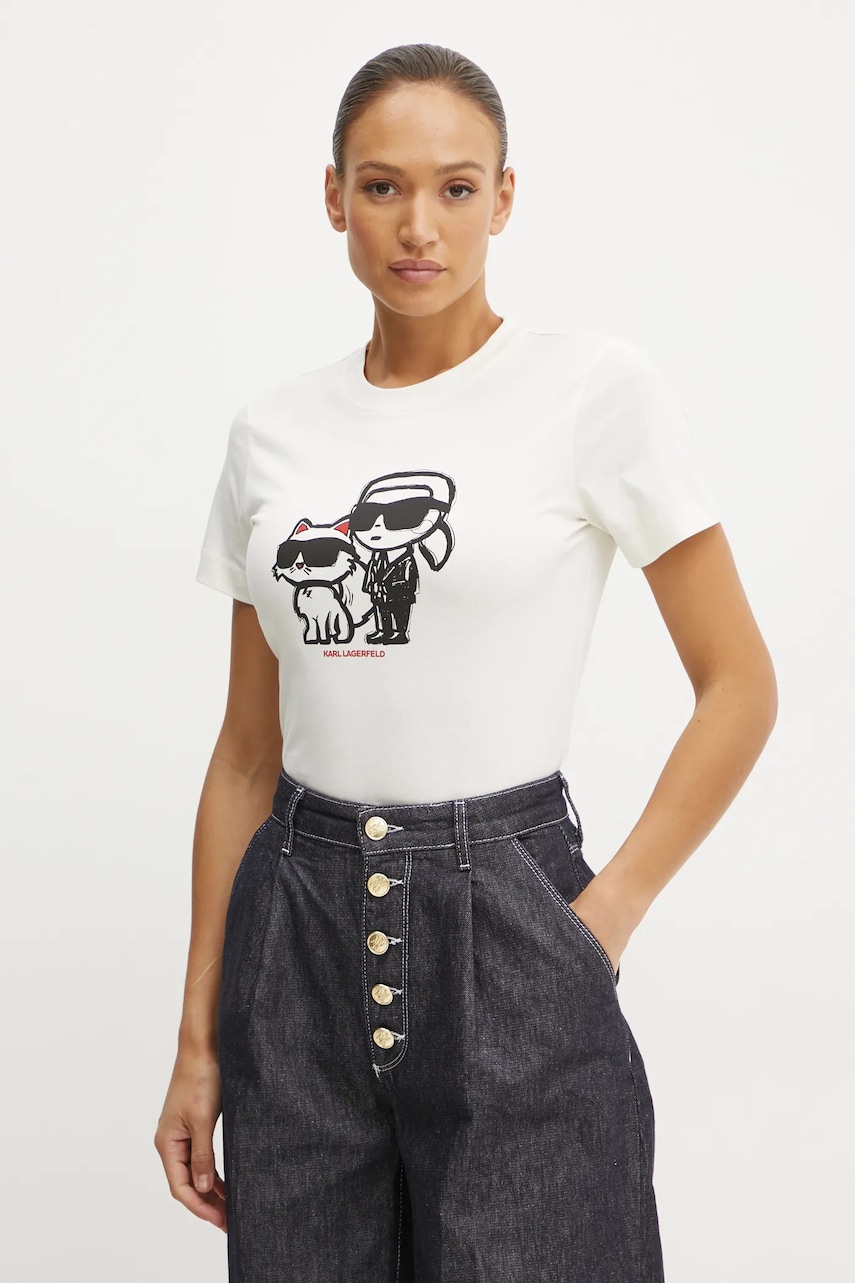 Karl Lagerfeld tricou din bumbac IKON SKETCH femei, culoarea bej, A1W17129 Karl Lagerfeld tricou din bumbac IKON SKETCH femei, culoarea bej, A1W17129