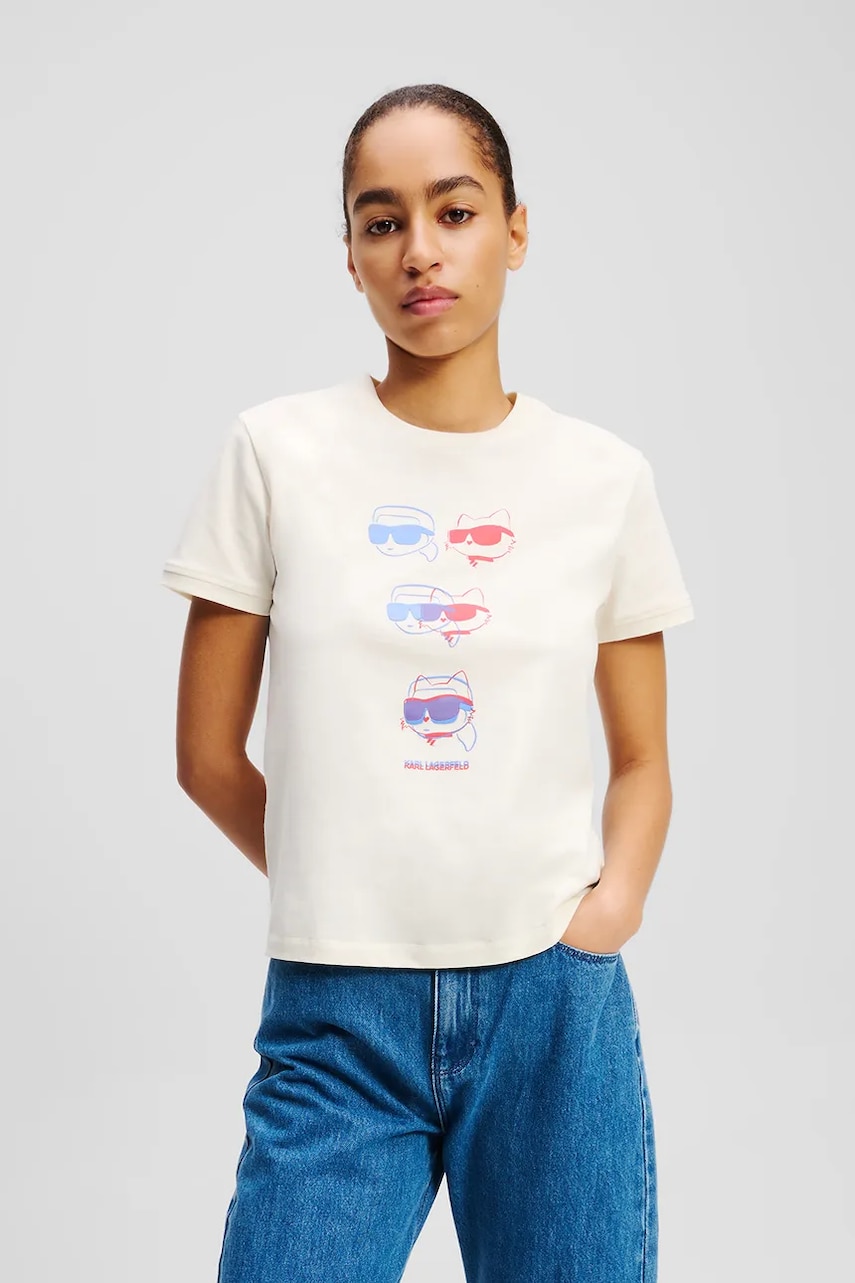 Karl Lagerfeld tricou din bumbac femei, culoarea bej, A2W17112 Karl Lagerfeld tricou din bumbac femei, culoarea bej, A2W17112