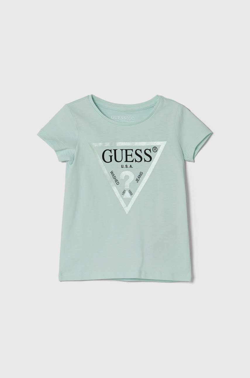 

Памучна тениска Guess в тюркоазено, Тюркоазен