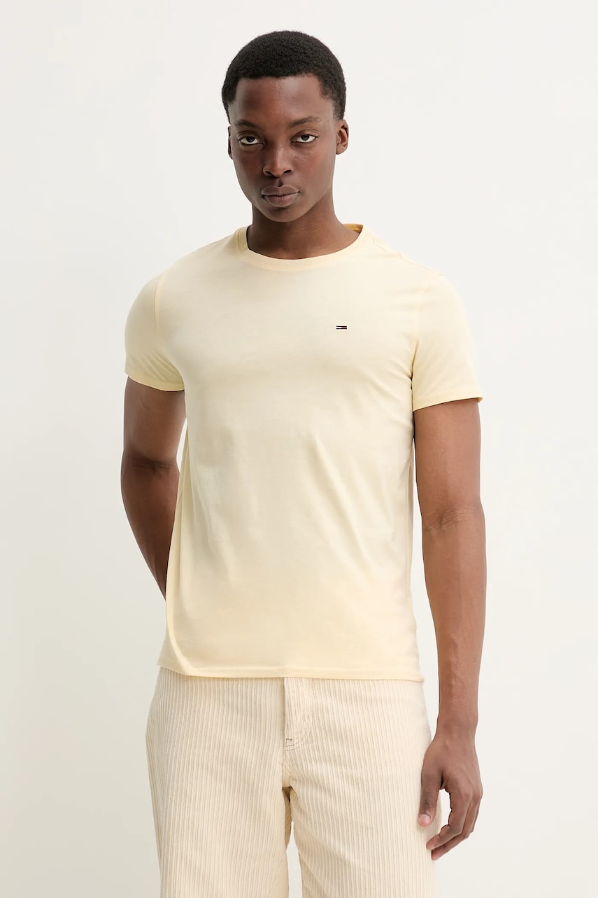 Tommy Jeans tricou din bumbac barbati, culoarea galben, neted, DM0DM04411