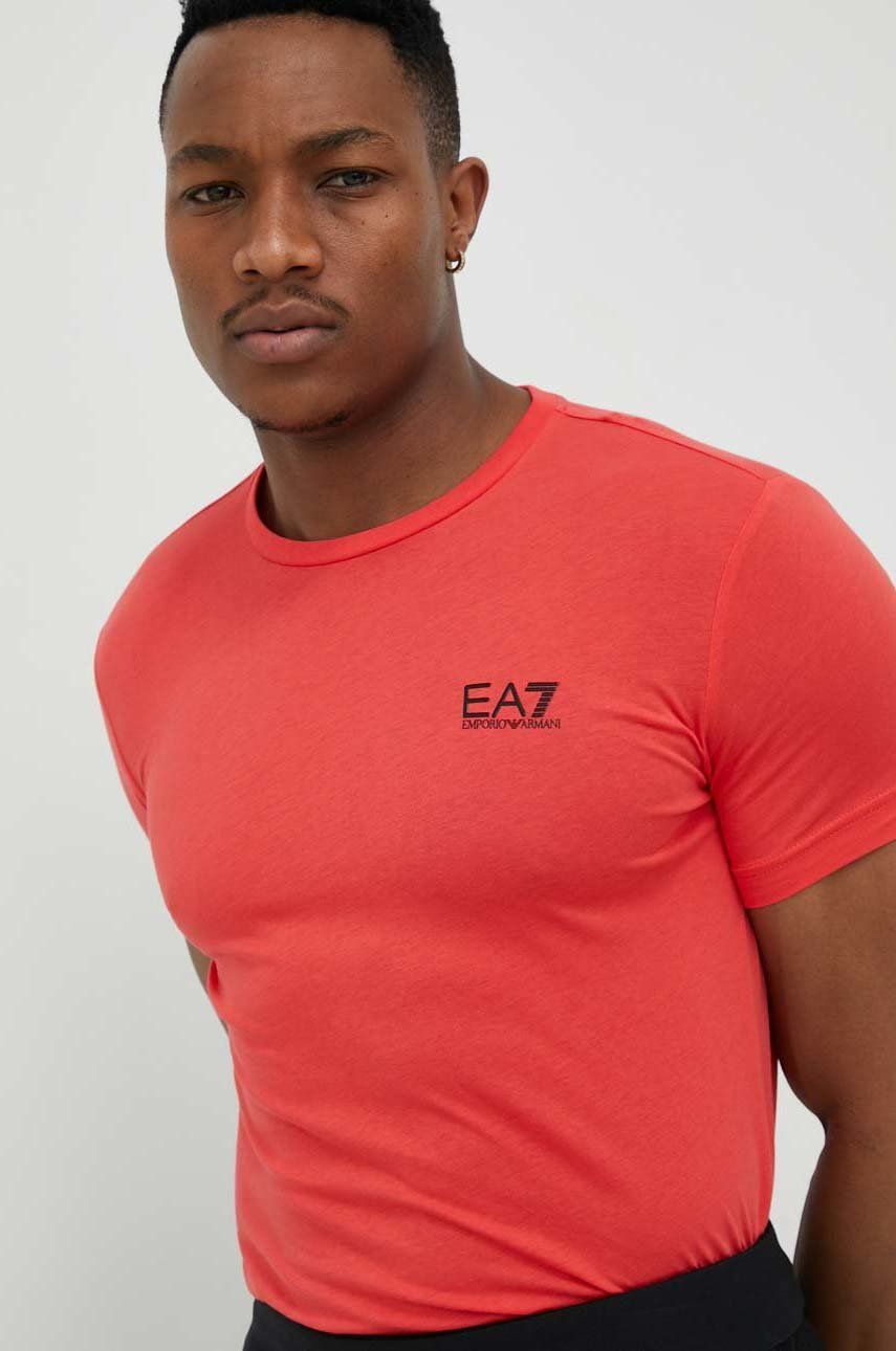 EA7 Emporio Armani tricou din bumbac culoarea rosu, neted
