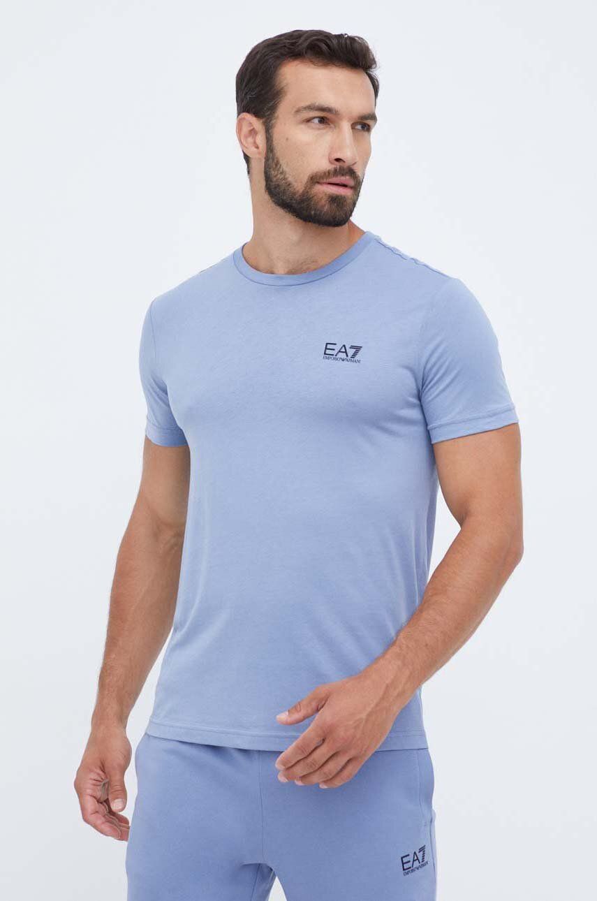 Bavlněné tričko EA7 Emporio Armani s potiskem - modrá -  100 % Bavlna