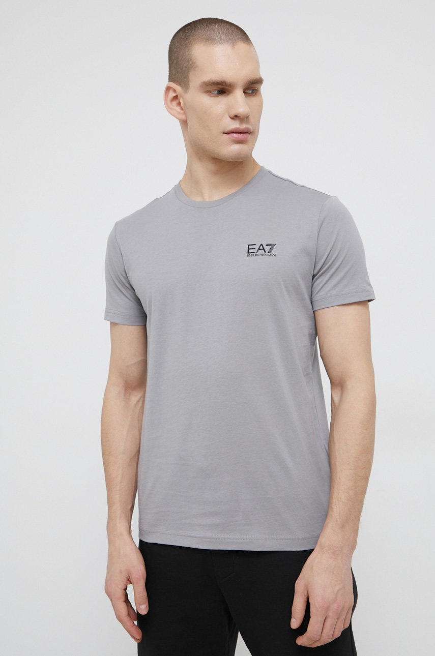 

Памучна тениска EA7 Emporio Armani в сиво с принт, Сив