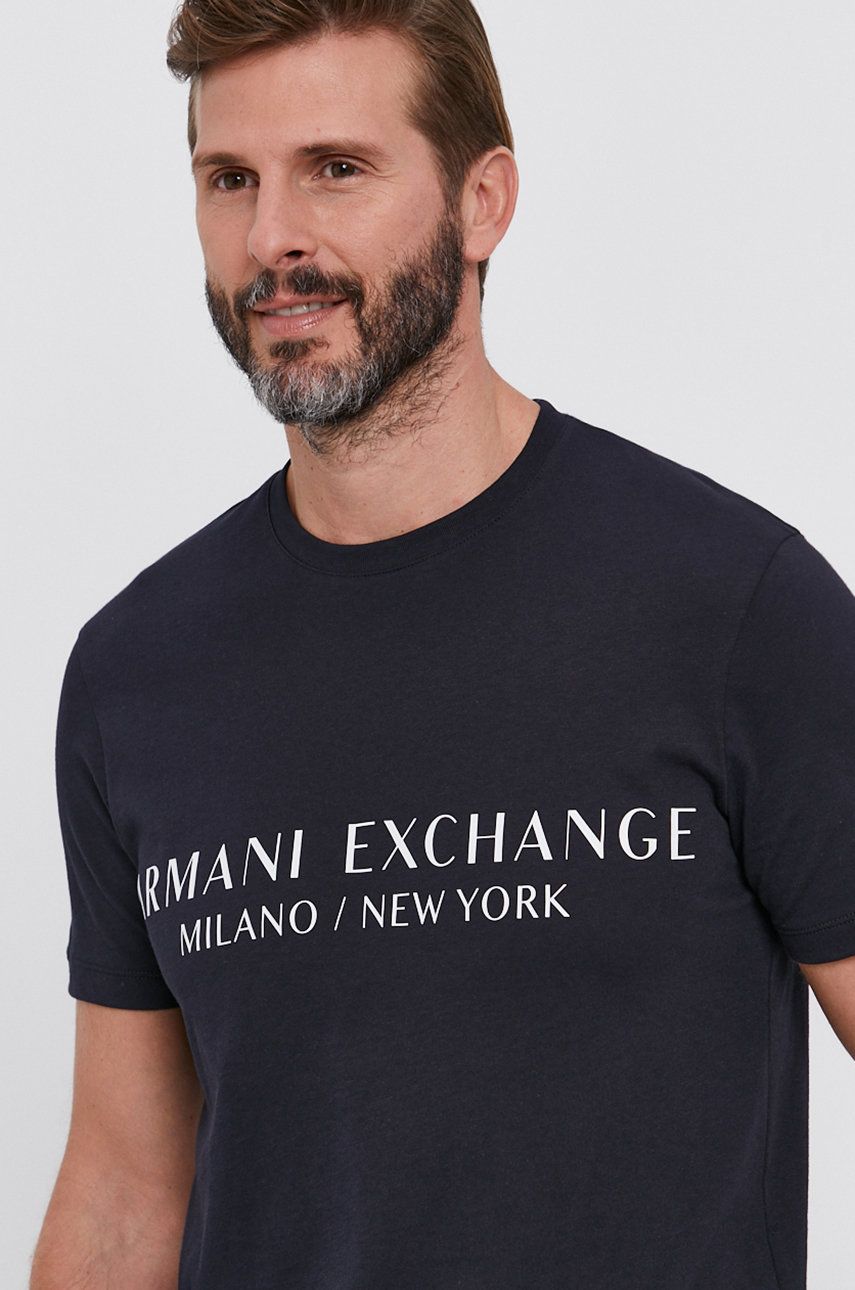 Armani Exchange Tricou Barbati, Culoarea Albastru Marin, Cu Imprimeu