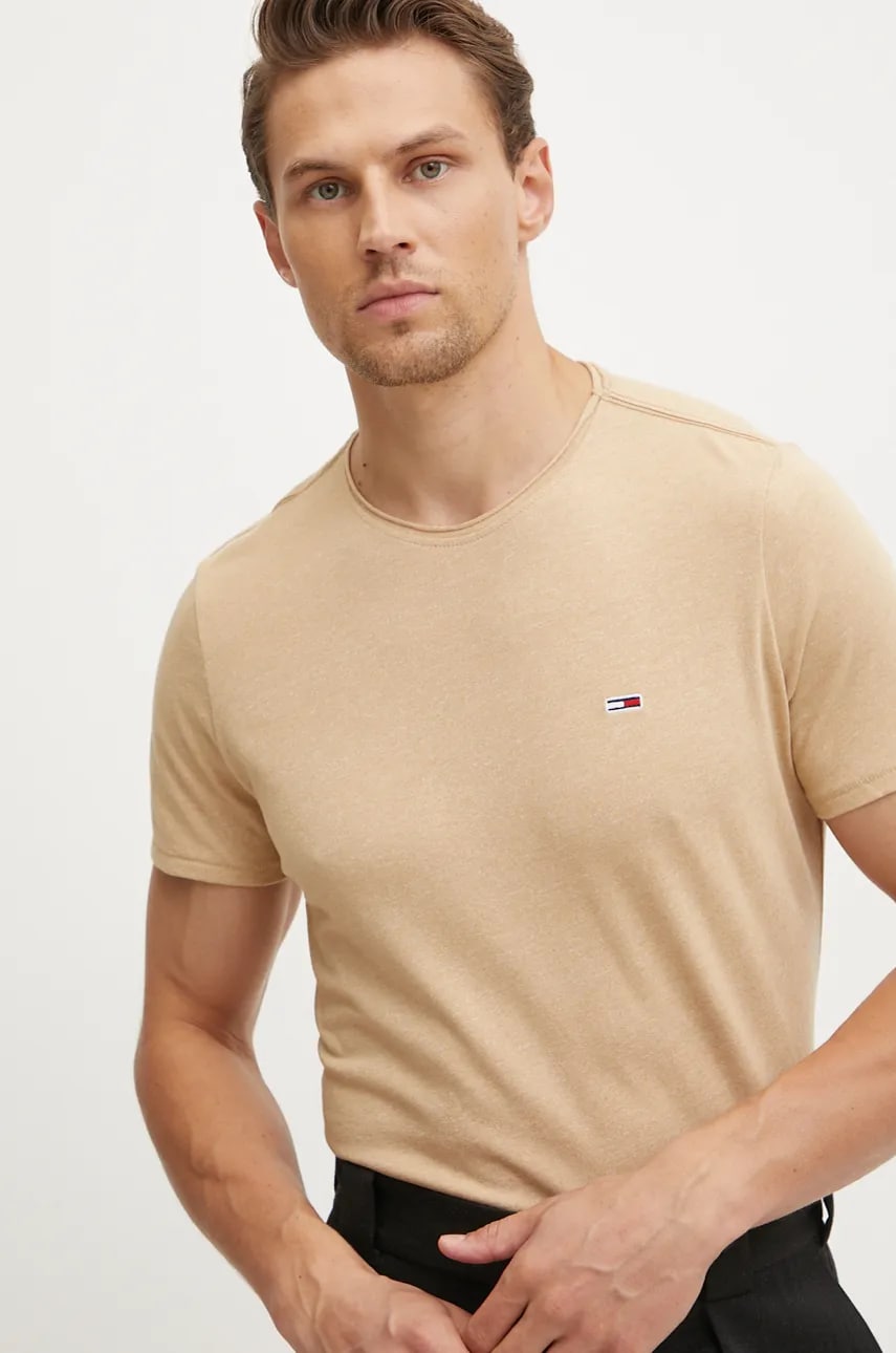Tommy Jeans tricou barbati, culoarea maro, neted, DM0DM09586