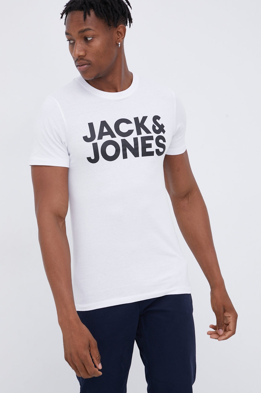 

Памучна тениска Jack & Jones в бяло с принт, Бял