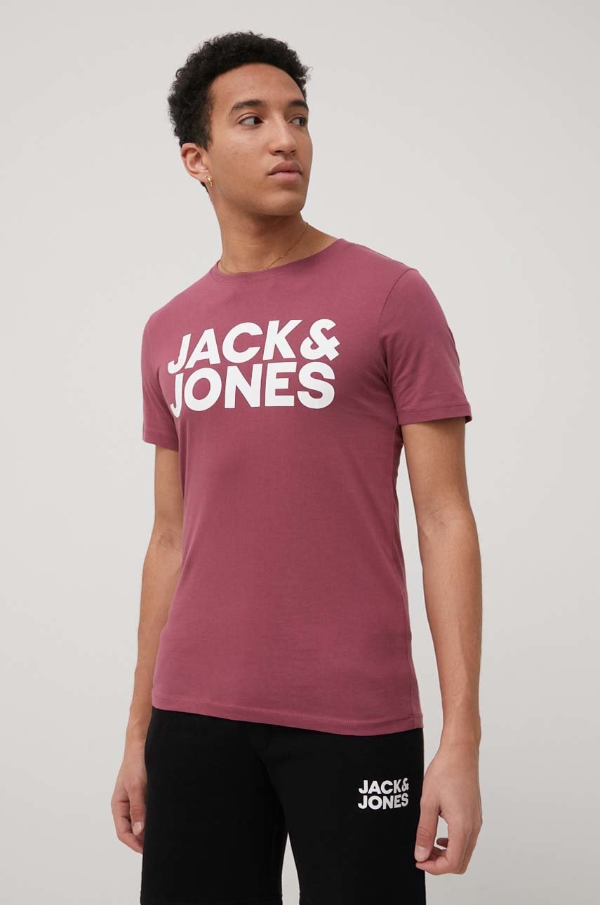 

Памучна тениска Jack & Jones в розово с принт, Розов