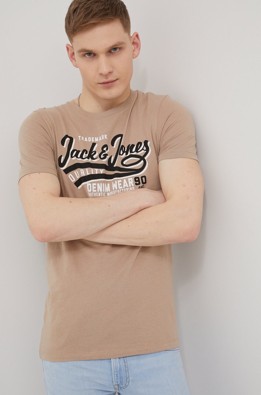 

Бавовняна футболка Jack & Jones колір бежевий з принтом
