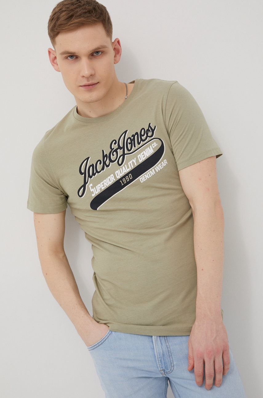 

Памучна тениска Jack & Jones в зелено с принт, Зелен