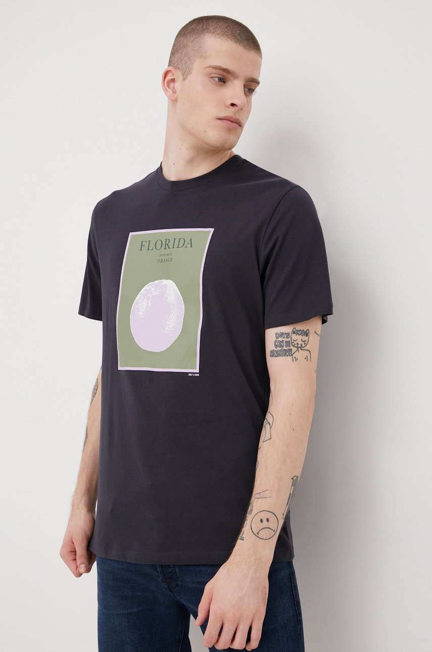 

Памучна тениска Only & Sons в тъмносиньо с принт, Тъмносин