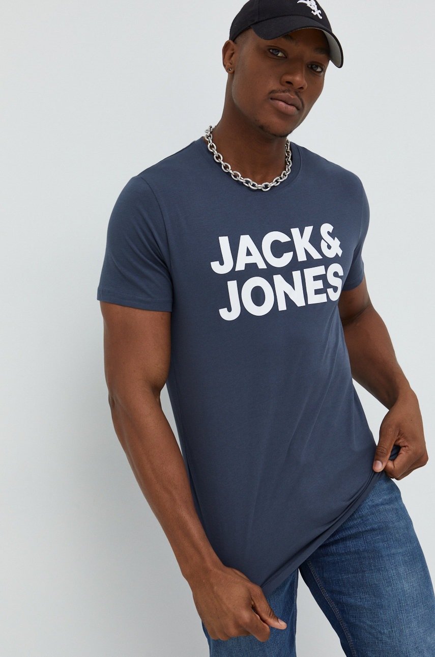 

Памучна тениска Jack & Jones в тъмносиньо с принт, Тъмносин