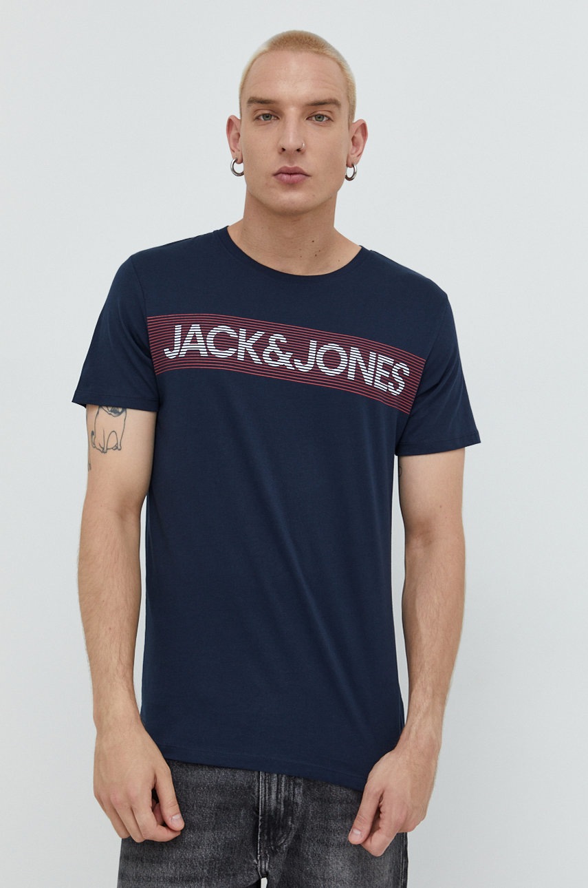 

Памучна тениска Jack & Jones в тъмносиньо с принт, Тъмносин
