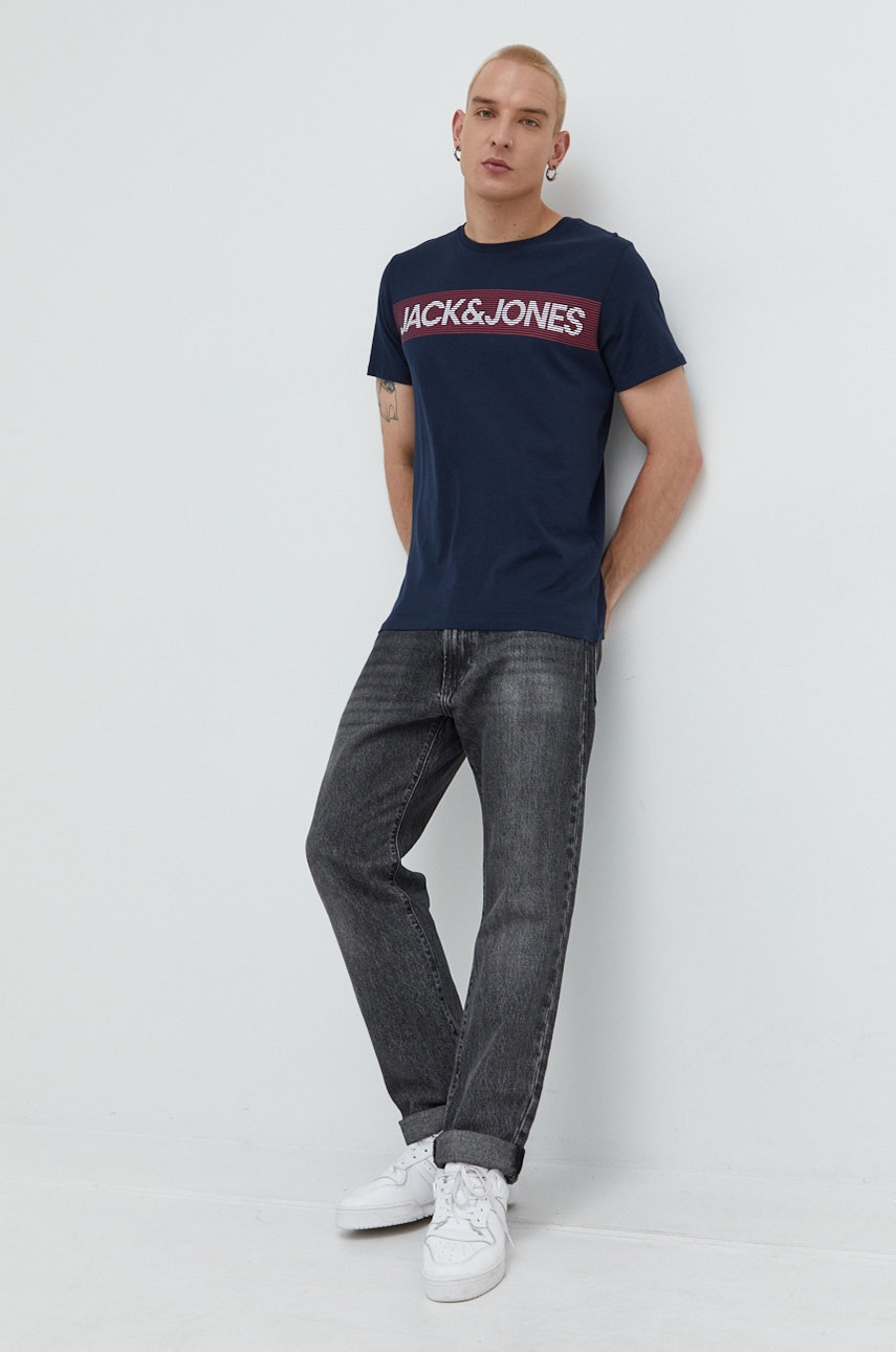 

Хлопковая футболка Jack & Jones цвет синий с принтом