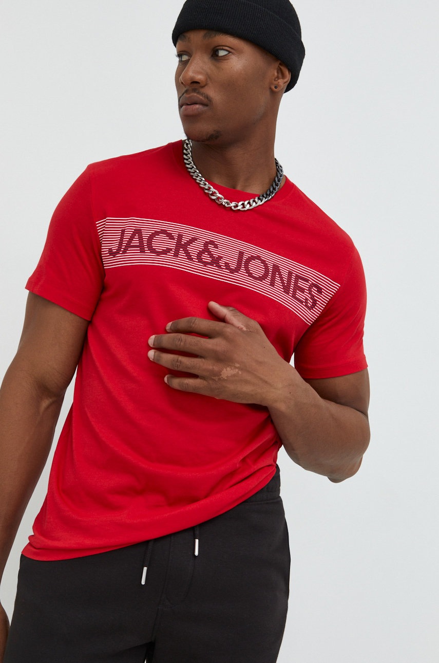 

Памучна тениска Jack & Jones в червено с принт, Червен