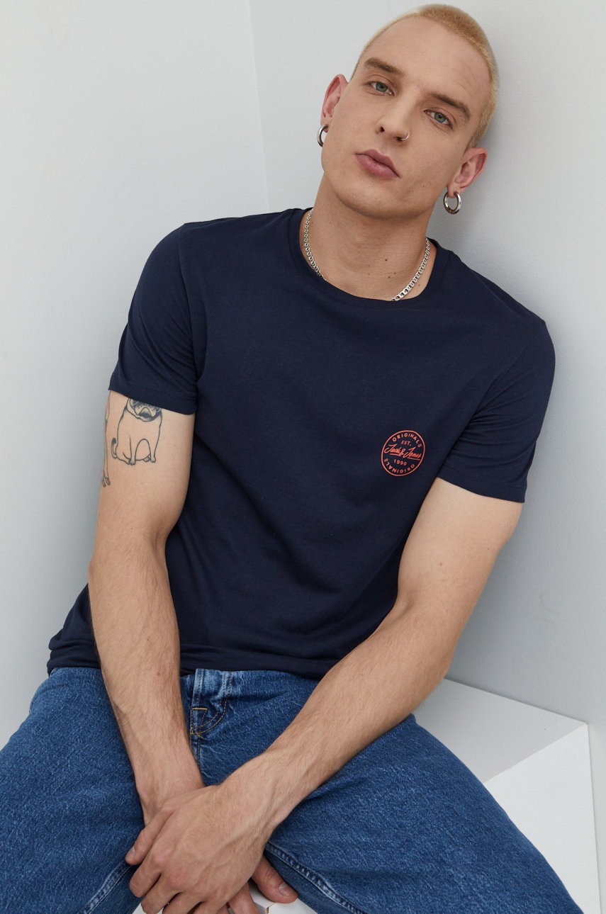 

Памучна тениска Jack & Jones в тъмносиньо с принт, Тъмносин
