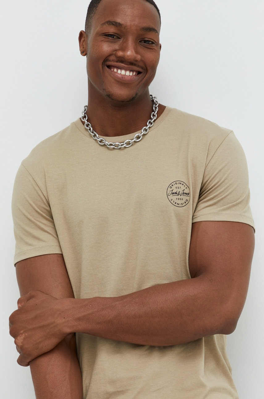 

Памучна тениска Jack & Jones в бежово с принт, Бежов