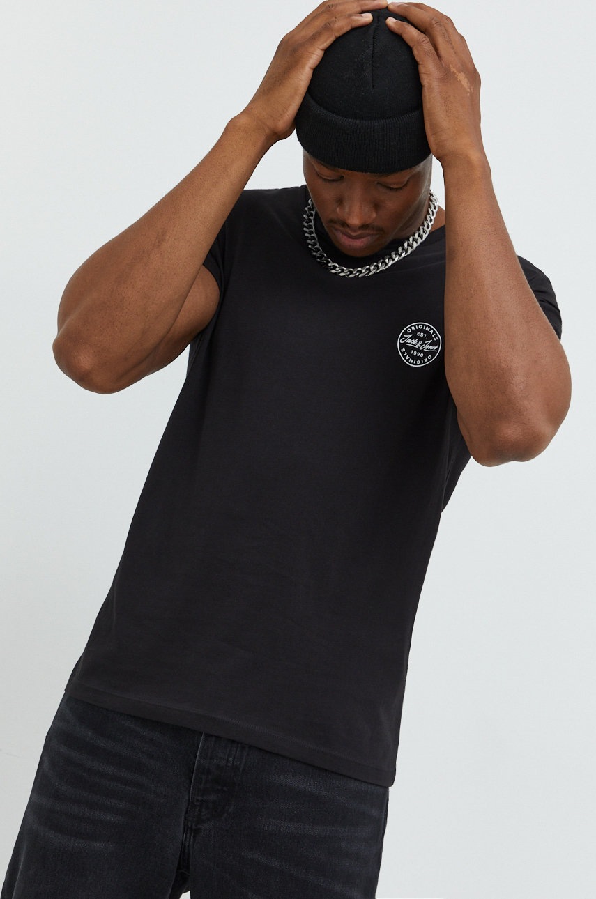 

Памучна тениска Jack & Jones в черно с принт, Черен