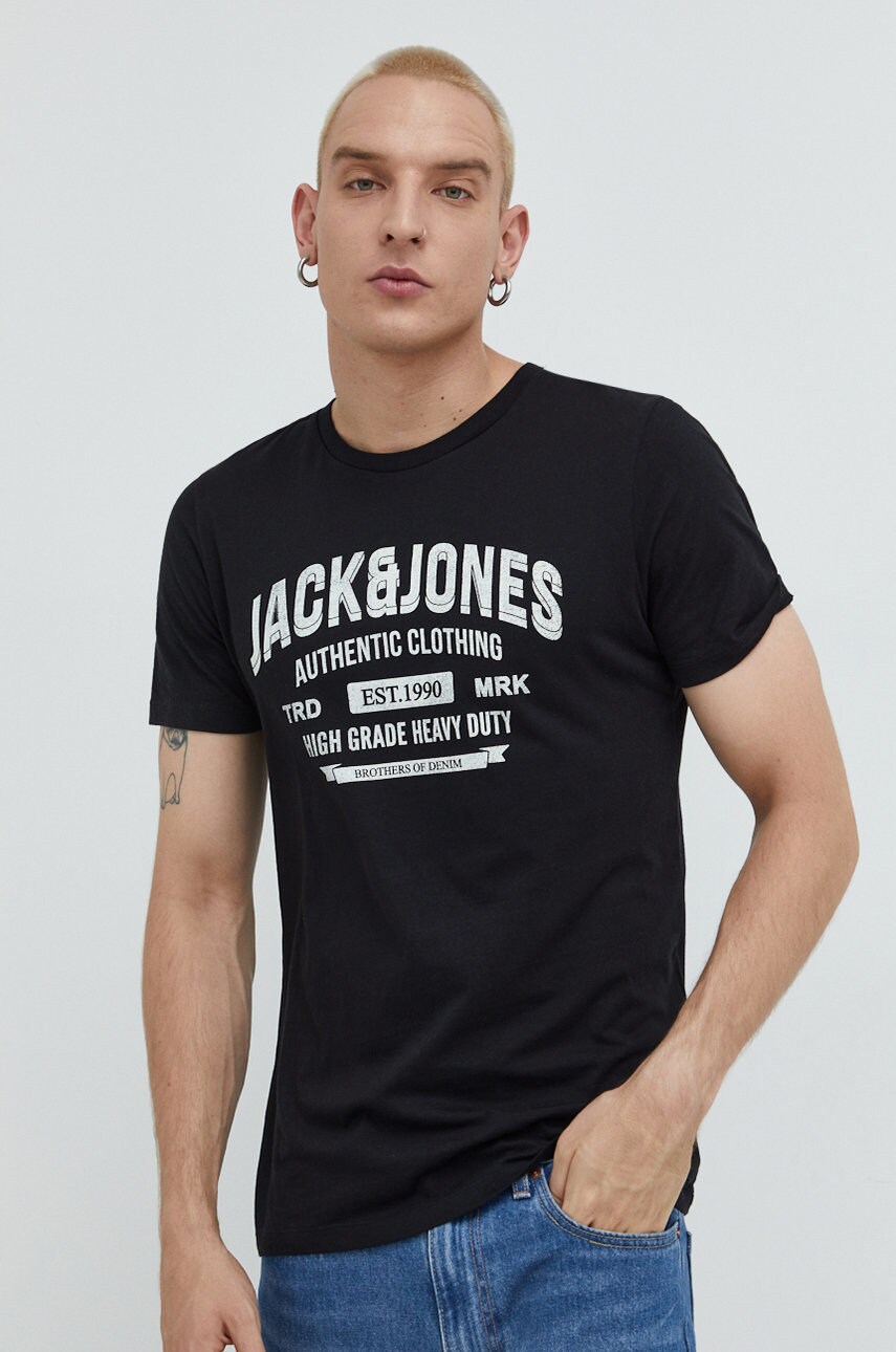 

Памучна тениска Jack & Jones в черно с принт, Черен