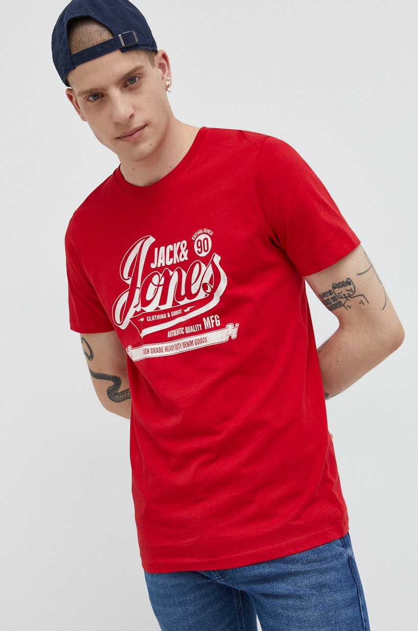 

Памучна тениска Jack & Jones в червено с принт, Червен