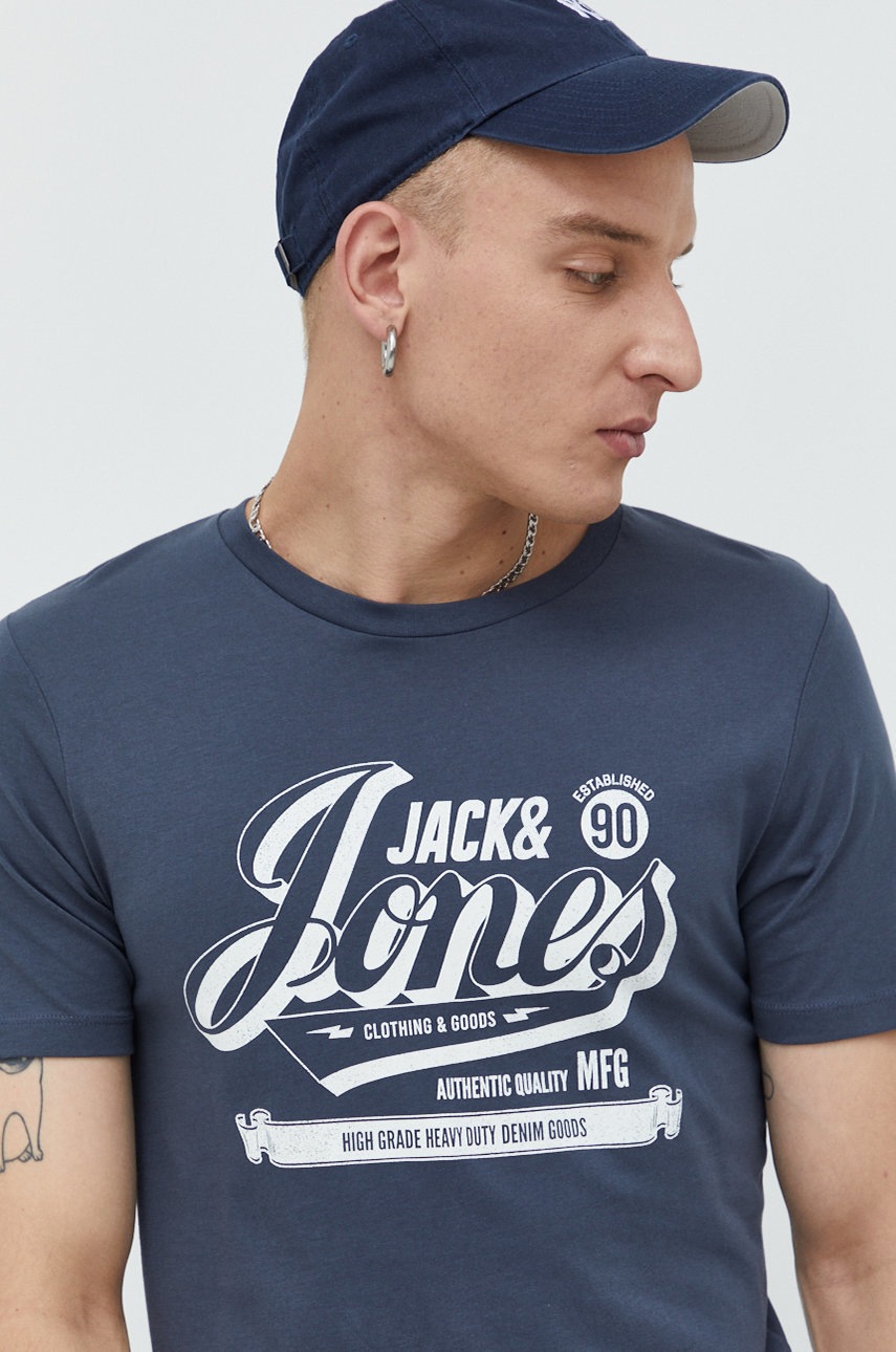 

Памучна тениска Jack & Jones в тъмносиньо с принт, Тъмносин