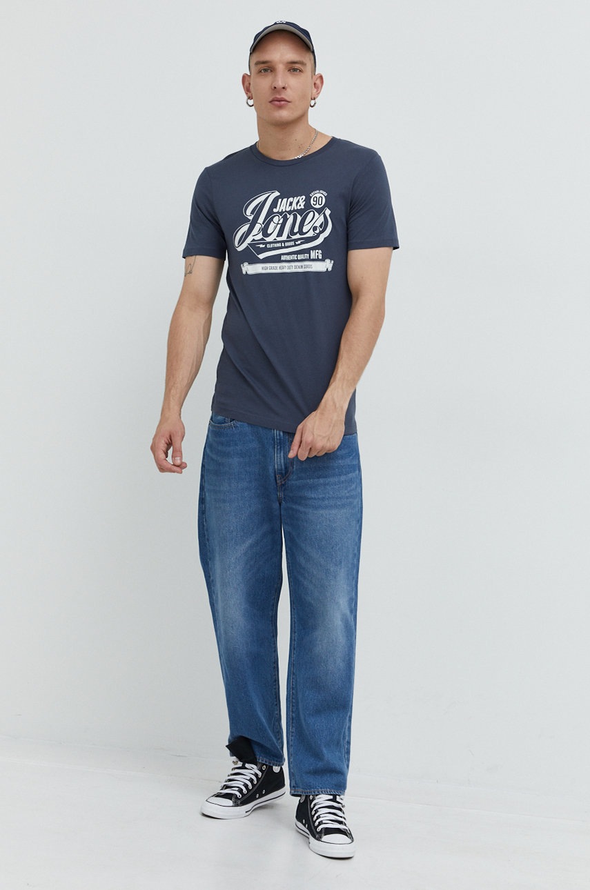 

Хлопковая футболка Jack & Jones цвет синий с принтом