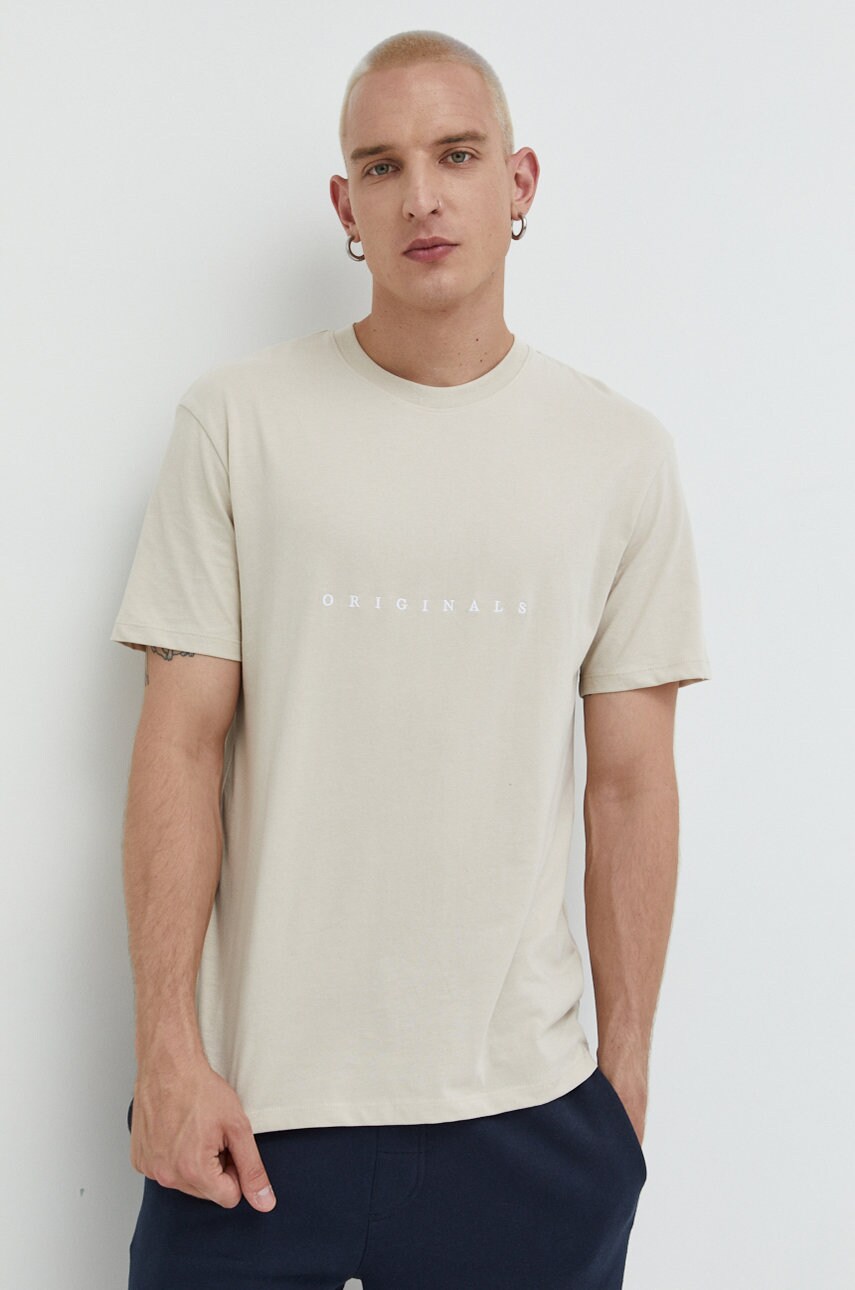 

Памучна тениска Jack & Jones в бежово с апликация, Бежов