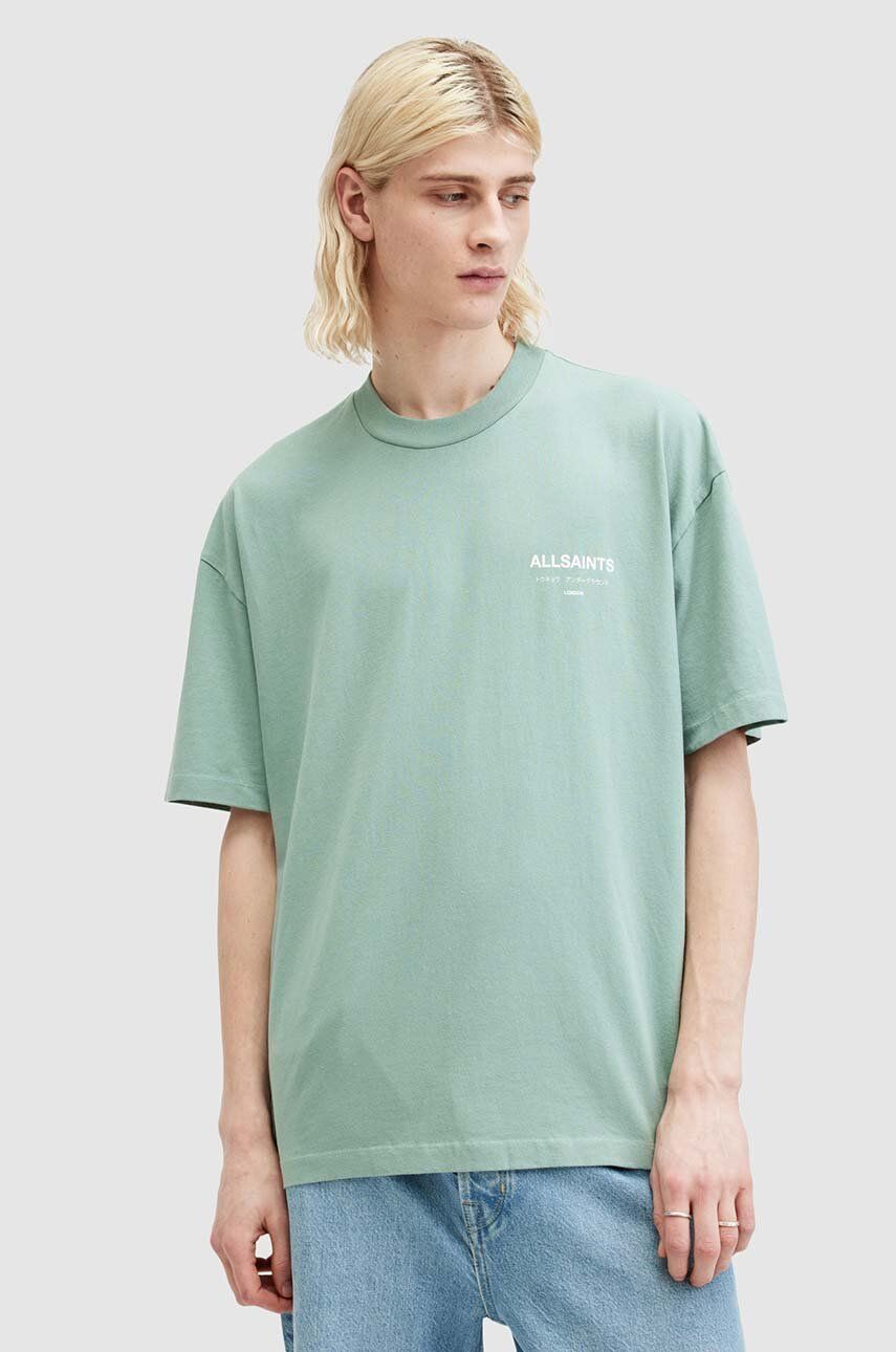 AllSaints tricou din bumbac UNDERGROUND SS CREW barbati, culoarea verde, cu imprimeu