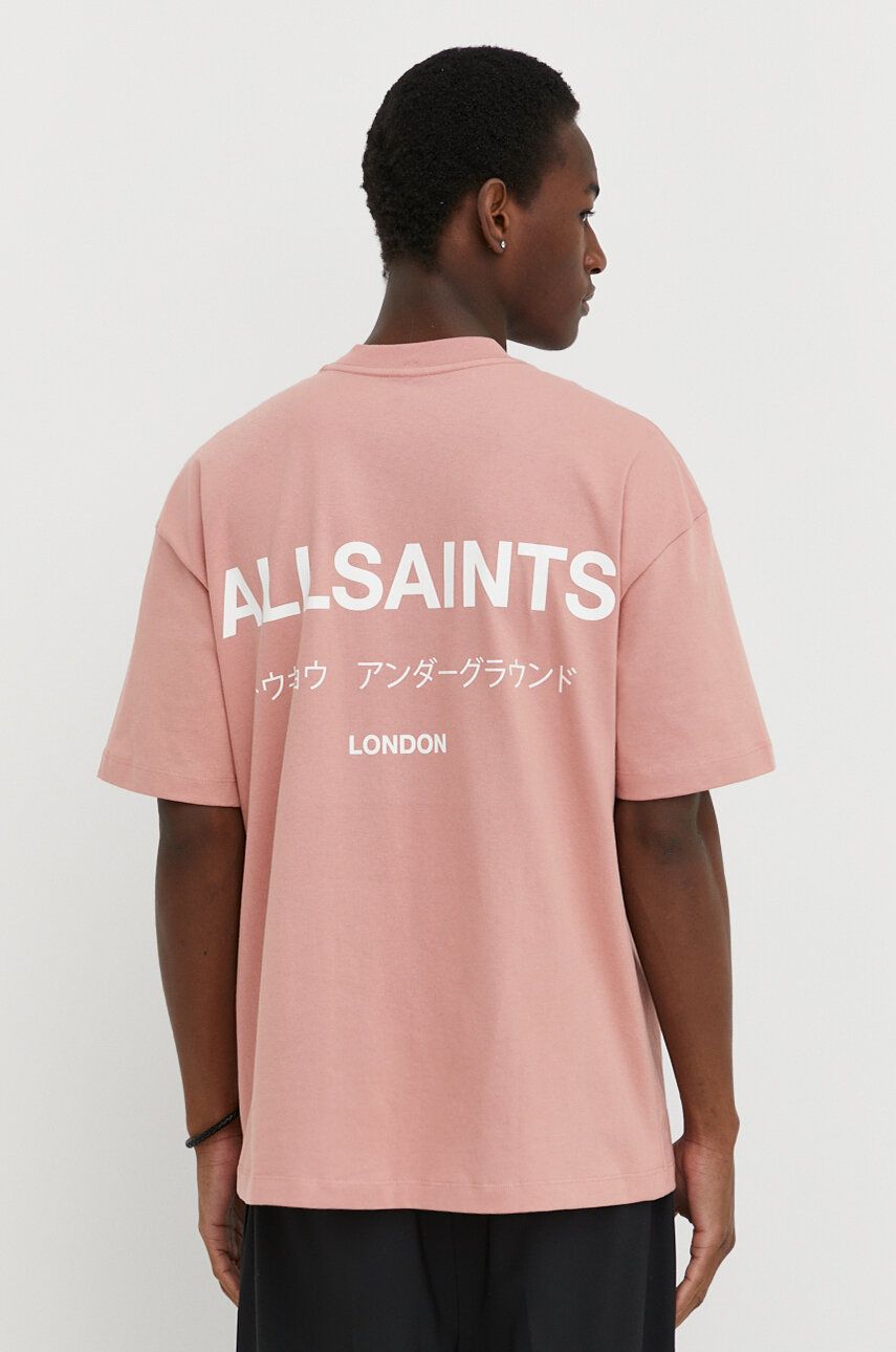 AllSaints tricou din bumbac UNDERGROUND SS CREW barbati, culoarea portocaliu, cu imprimeu